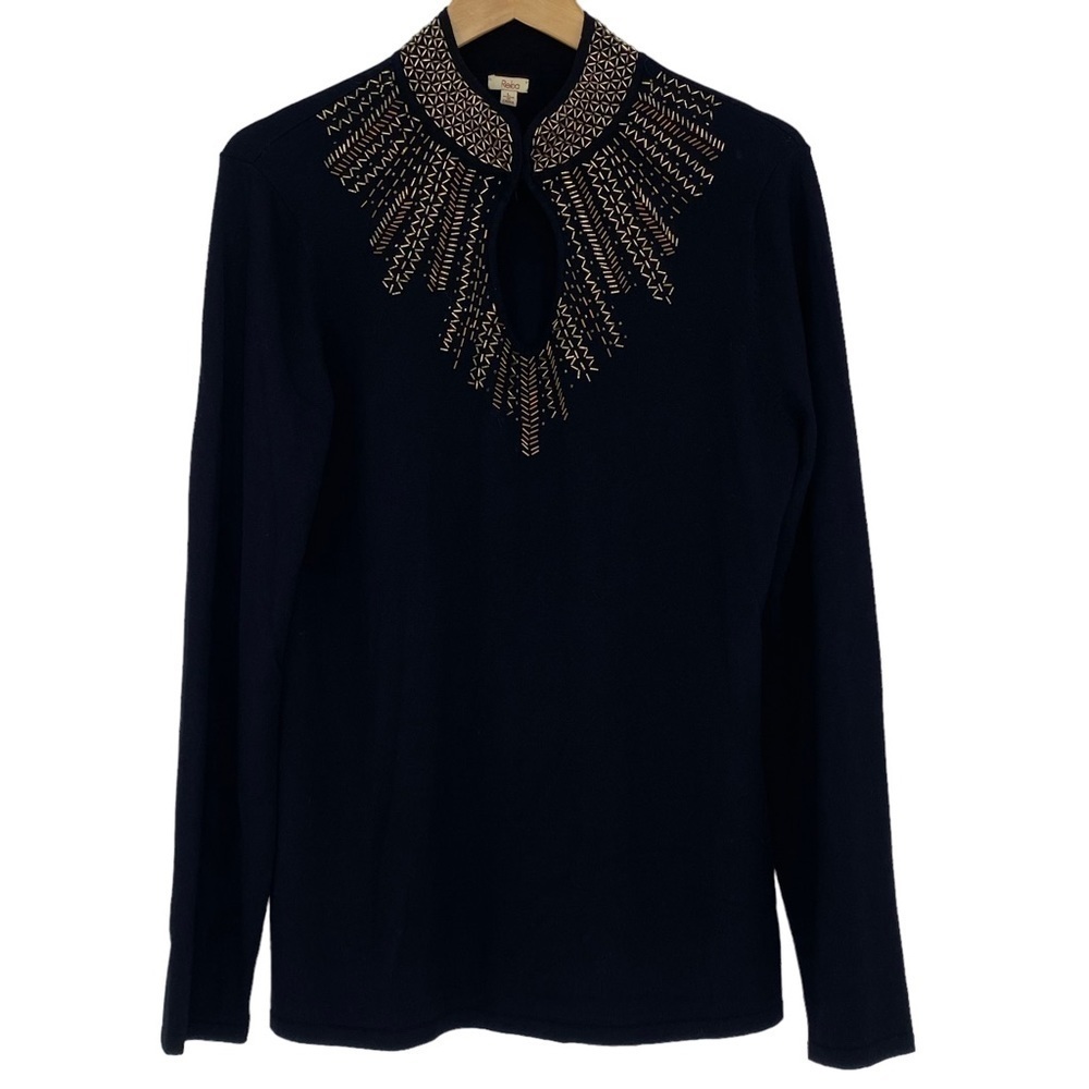 Reba beautiful metallic beaded keyhole mock neck black LS sweater top, Large